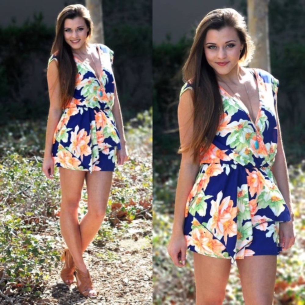 Sleeveless Navy Floral Layered Short Romper